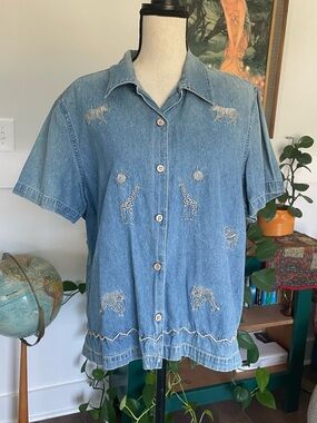Casual Corner Annex Jungle Safari Denim Short Sleeve Button Down XL